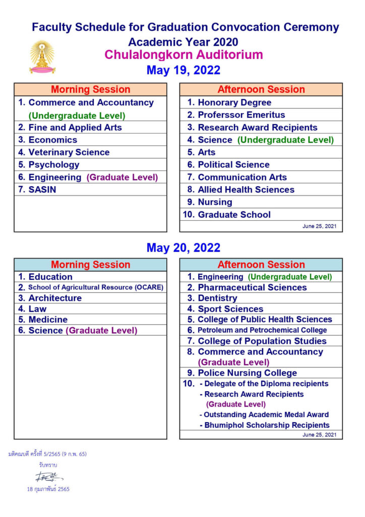 Chula Commencement Schedule for the 2020 academic year