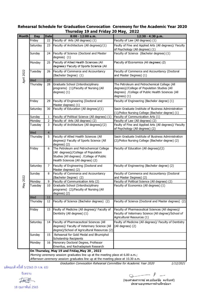 Chula Rehearsal Schedule for the 2020 academic year