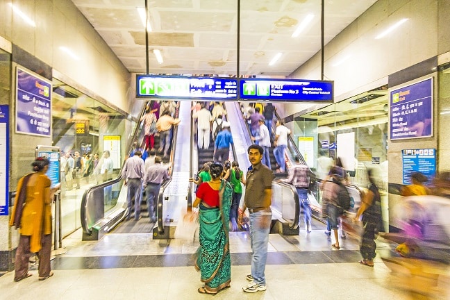 The passengers alighting metro train in Delhi, India.