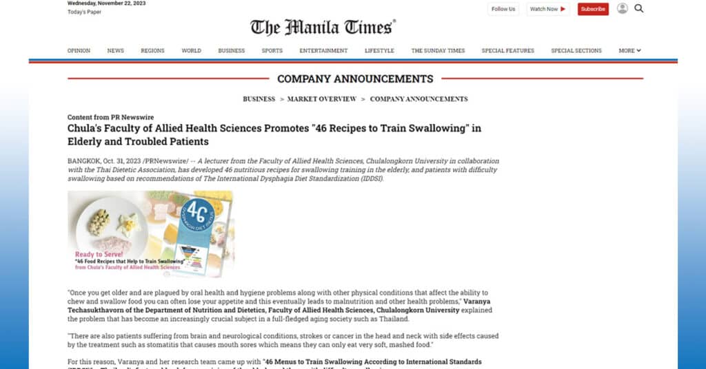 Manila Times-Chula’s Faculty of Allied Health Sciences Promotes “46 Recipes to Train Swallowing” in Elderly and Troubled Patients