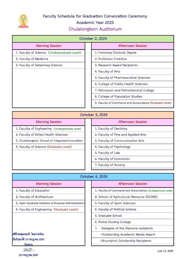 Schedules for Chulalongkorn University’s 2023 Commencement Ceremony, Rehearsal, and Group Photo Days 