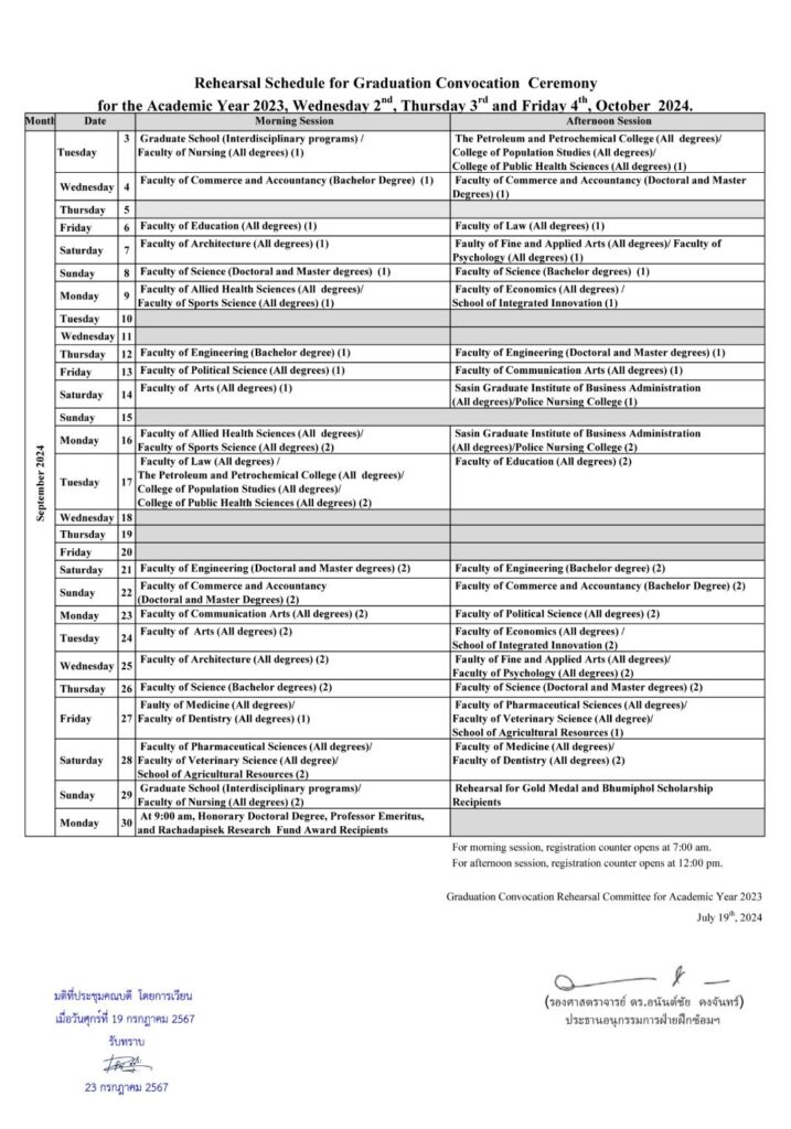 Schedules for Chulalongkorn University’s 2023 Commencement Ceremony, Rehearsal, and Group Photo Days 