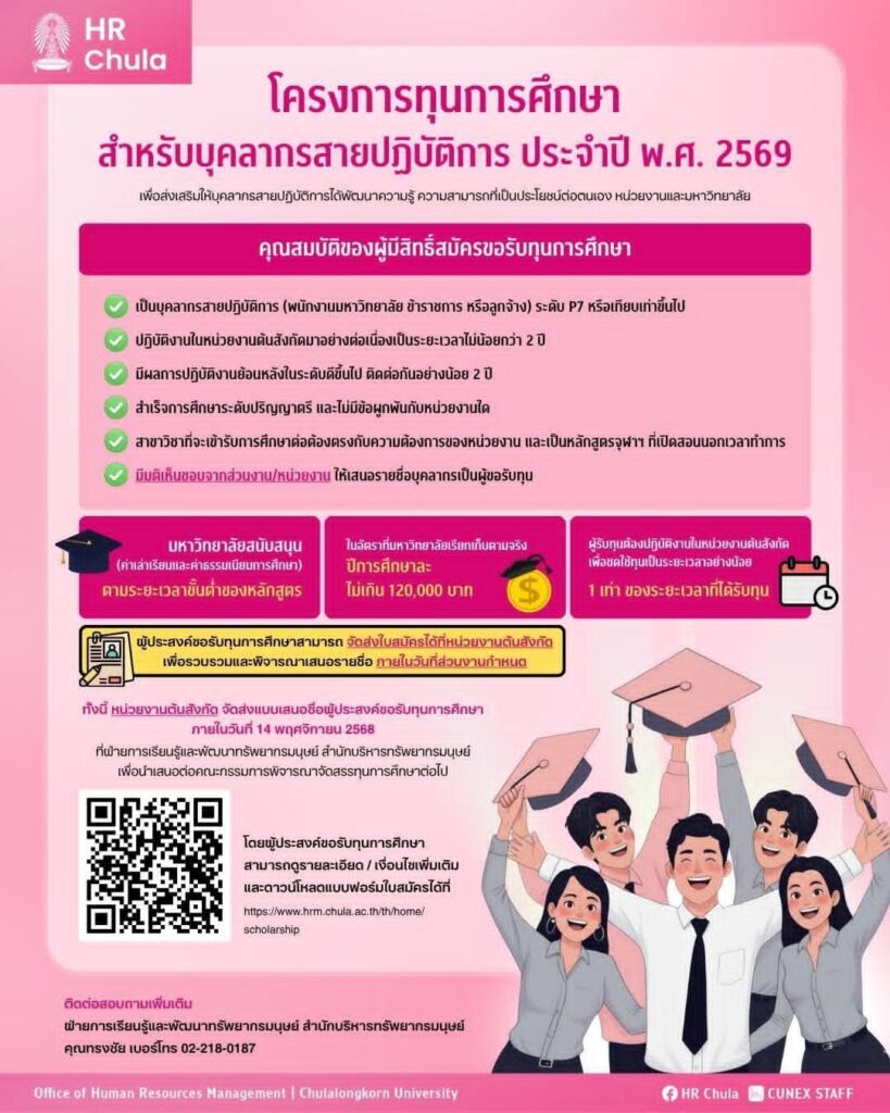 โครงการทุนการศึกษาระดับบัณฑิตศึกษาสำหรับบุคลากรสายปฏิบัติการ ประจำปี 2569